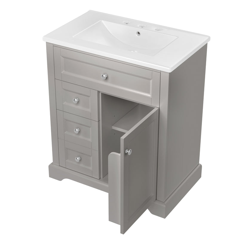 Meuble vasque gris sur pied, vasque en céramique intégrée, tiroirs à fermeture amortie et rangement (robinet non inclus) REPLICAT