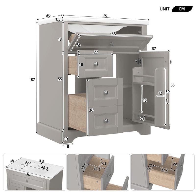 Meuble vasque gris sur pied, vasque en céramique intégrée, tiroirs à fermeture amortie et rangement (robinet non inclus) REPLICAT