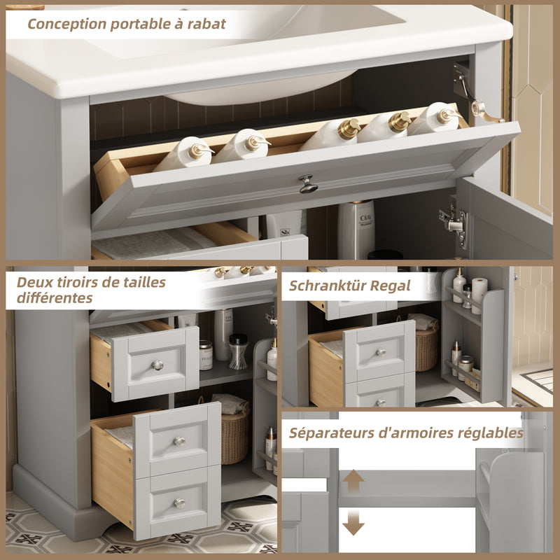 Meuble vasque gris sur pied, vasque en céramique intégrée, tiroirs à fermeture amortie et rangement (robinet non inclus) REPLICAT