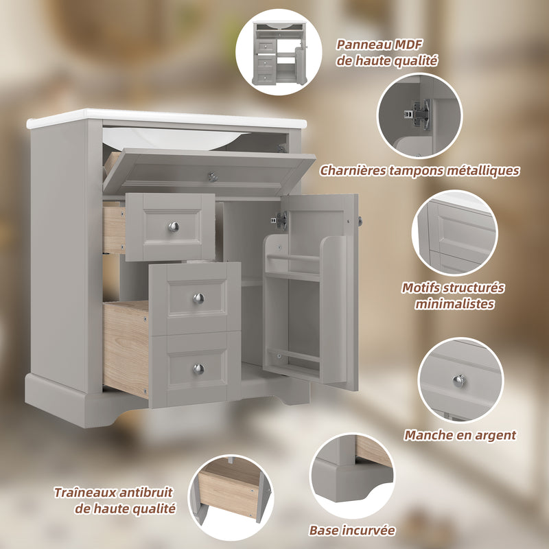 Meuble vasque gris sur pied, vasque en céramique intégrée, tiroirs à fermeture amortie et rangement (robinet non inclus) REPLICAT