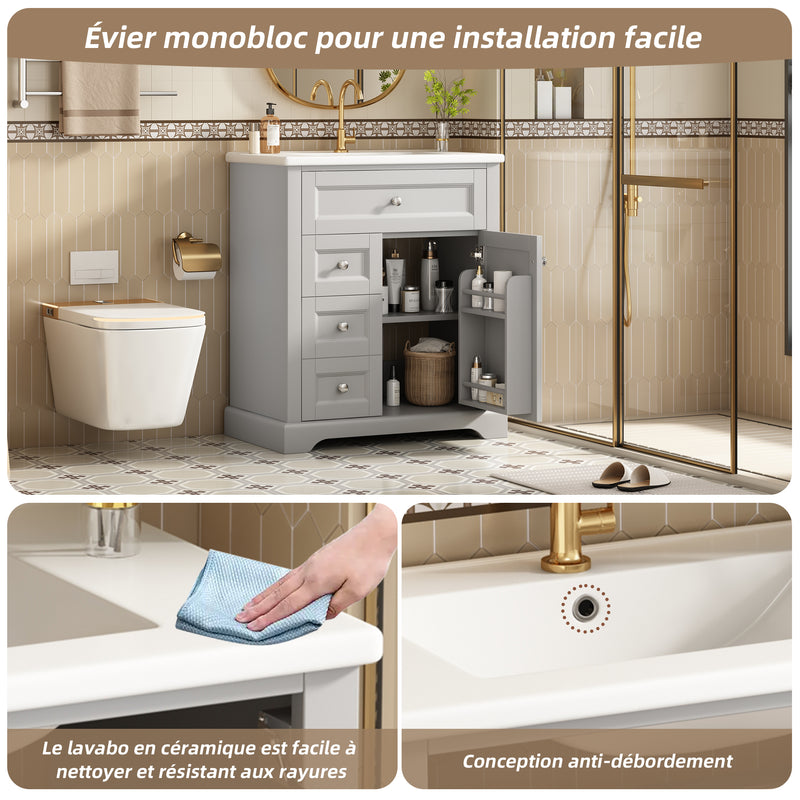 Meuble vasque gris sur pied, vasque en céramique intégrée, tiroirs à fermeture amortie et rangement (robinet non inclus) REPLICAT