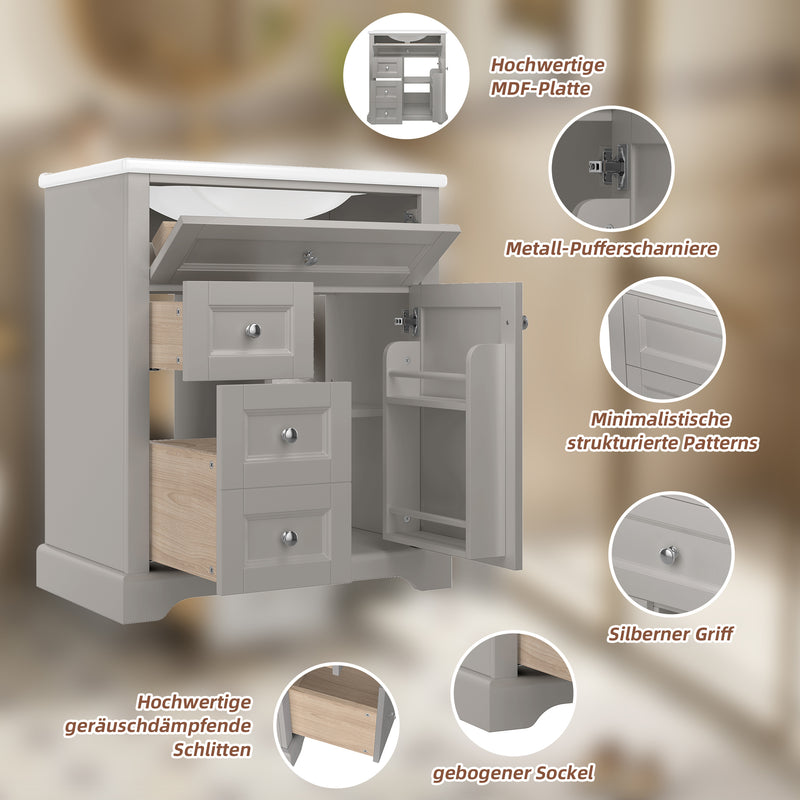 Meuble vasque gris sur pied, vasque en céramique intégrée, tiroirs à fermeture amortie et rangement (robinet non inclus) REPLICAT