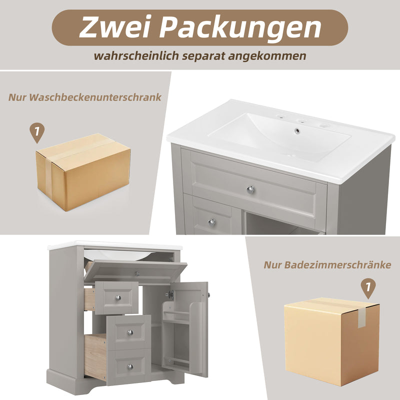 Meuble vasque gris sur pied, vasque en céramique intégrée, tiroirs à fermeture amortie et rangement (robinet non inclus) REPLICAT