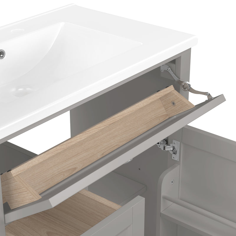 Meuble vasque gris sur pied, vasque en céramique intégrée, tiroirs à fermeture amortie et rangement (robinet non inclus) REPLICAT