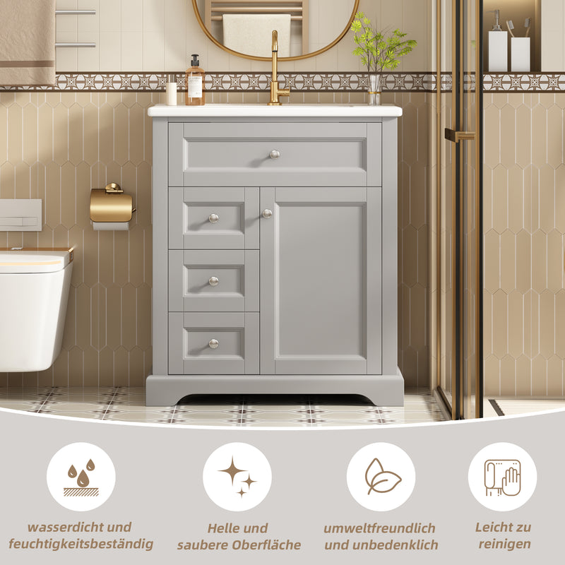 Meuble vasque gris sur pied, vasque en céramique intégrée, tiroirs à fermeture amortie et rangement (robinet non inclus) REPLICAT