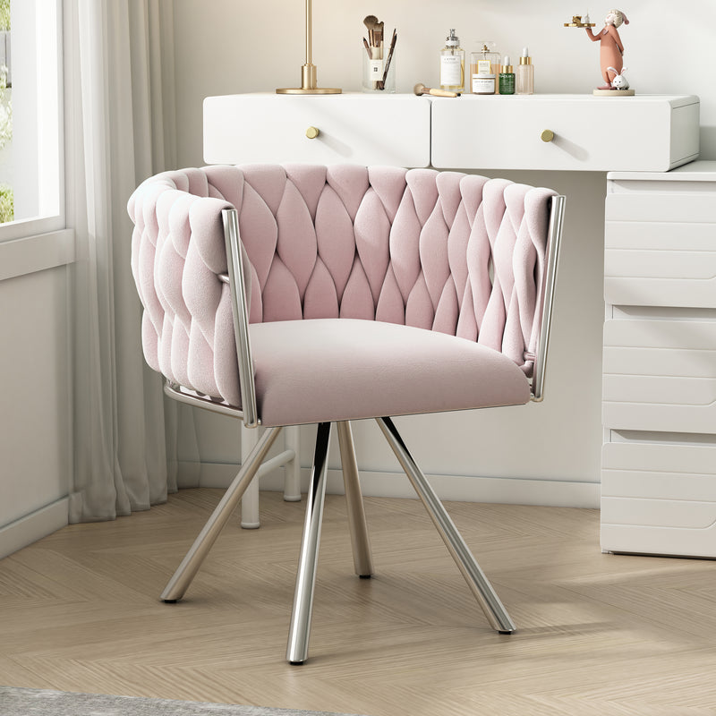 Fauteuil pivoitante 360° velours rose, chaise de bureau ou coiffeuse base en acier RETICULIN