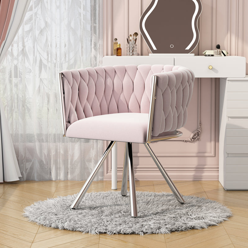 Fauteuil pivoitante 360° velours rose, chaise de bureau ou coiffeuse base en acier RETICULIN