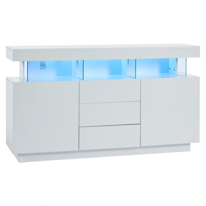 Buffet blanc brillant avec éclairage LED 2 portes 3 tiroirs REZER