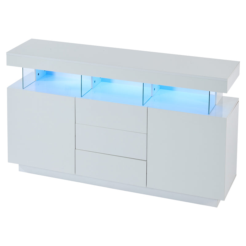 Buffet blanc brillant avec éclairage LED 2 portes 3 tiroirs REZER