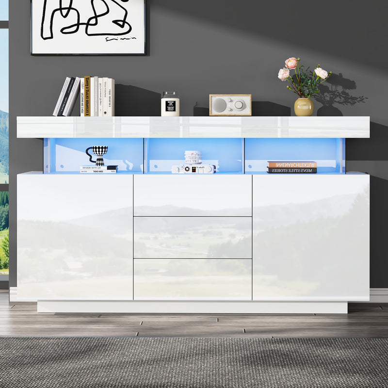 Buffet blanc brillant avec éclairage LED 2 portes 3 tiroirs REZER