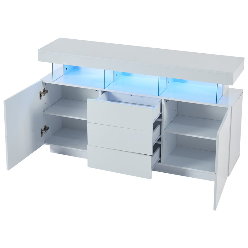 Buffet blanc brillant avec éclairage LED 2 portes 3 tiroirs REZER