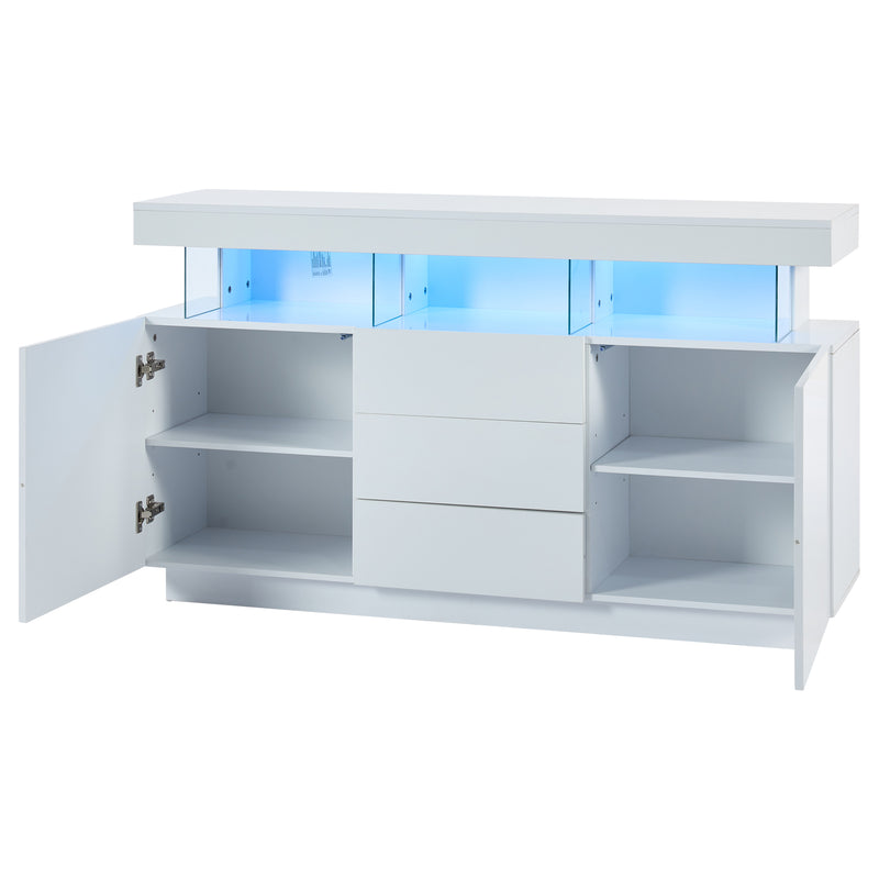 Buffet blanc brillant avec éclairage LED 2 portes 3 tiroirs REZER