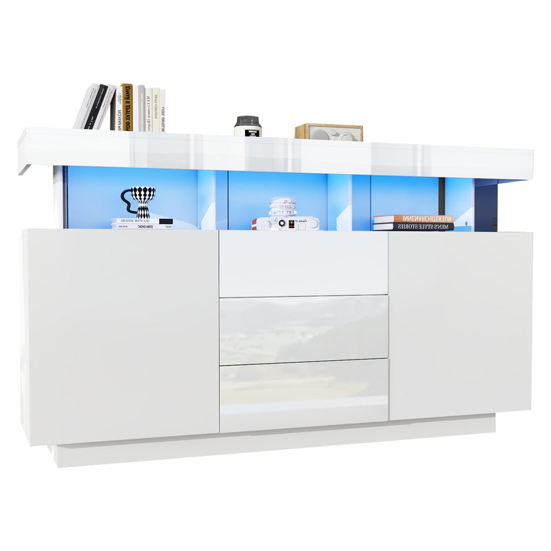 Buffet blanc brillant avec éclairage LED 2 portes 3 tiroirs REZER