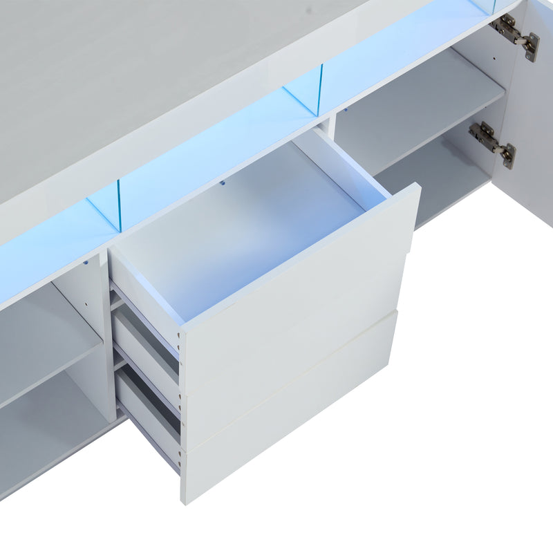 Buffet blanc brillant avec éclairage LED 2 portes 3 tiroirs REZER