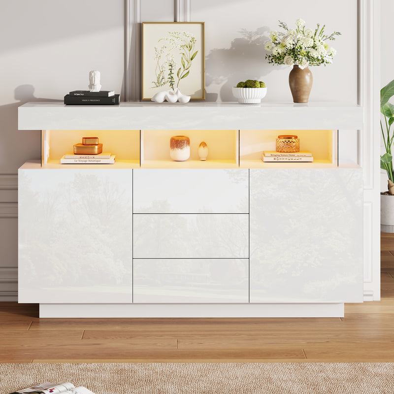 Buffet blanc brillant avec éclairage LED 2 portes 3 tiroirs REZER