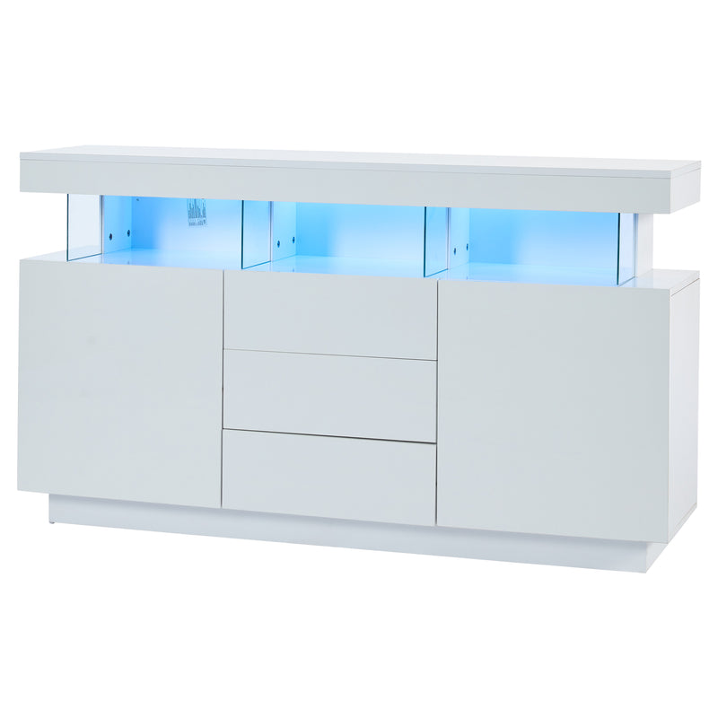 Buffet blanc brillant avec éclairage LED 2 portes 3 tiroirs REZER
