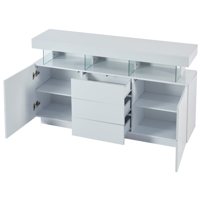 Buffet blanc brillant avec éclairage LED 2 portes 3 tiroirs REZER