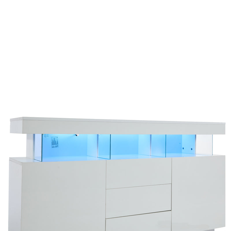 Buffet blanc brillant avec éclairage LED 2 portes 3 tiroirs REZER