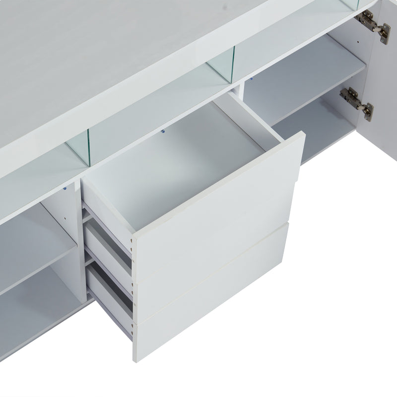 Buffet blanc brillant avec éclairage LED 2 portes 3 tiroirs REZER