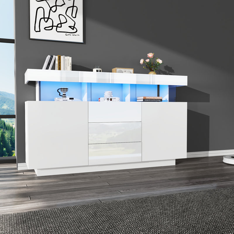 Buffet blanc brillant avec éclairage LED 2 portes 3 tiroirs REZER