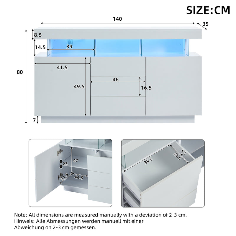 Buffet blanc brillant avec éclairage LED 2 portes 3 tiroirs REZER