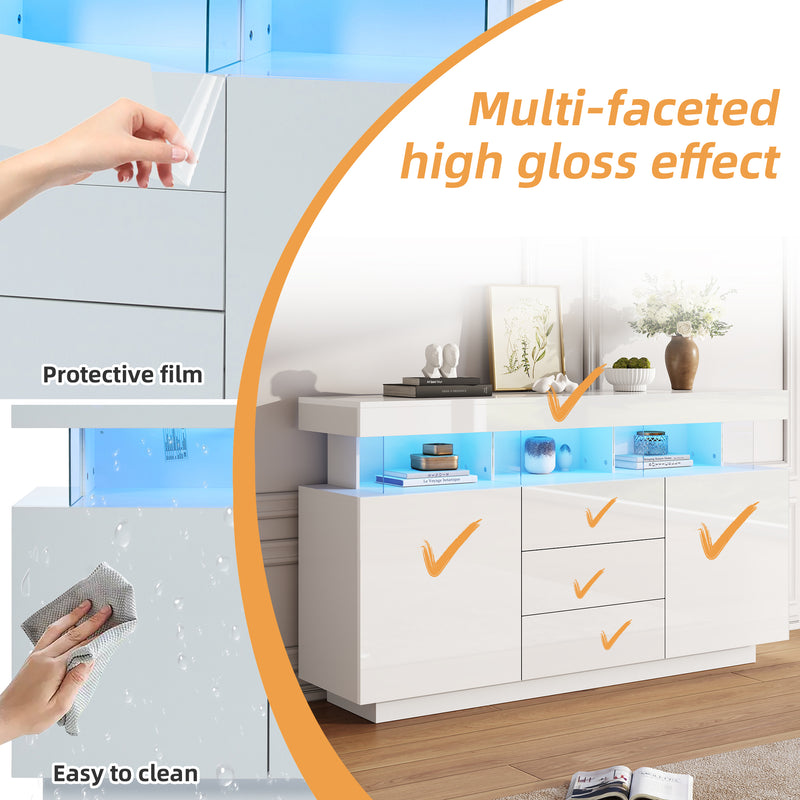 Buffet blanc brillant avec éclairage LED 2 portes 3 tiroirs REZER