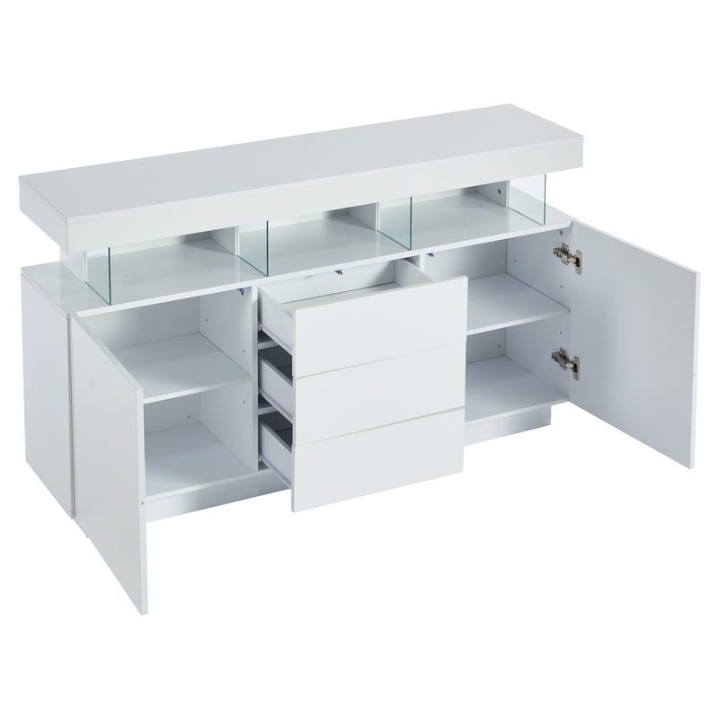 Buffet blanc brillant avec éclairage LED 2 portes 3 tiroirs REZER