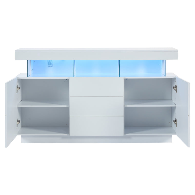 Buffet blanc brillant avec éclairage LED 2 portes 3 tiroirs REZER