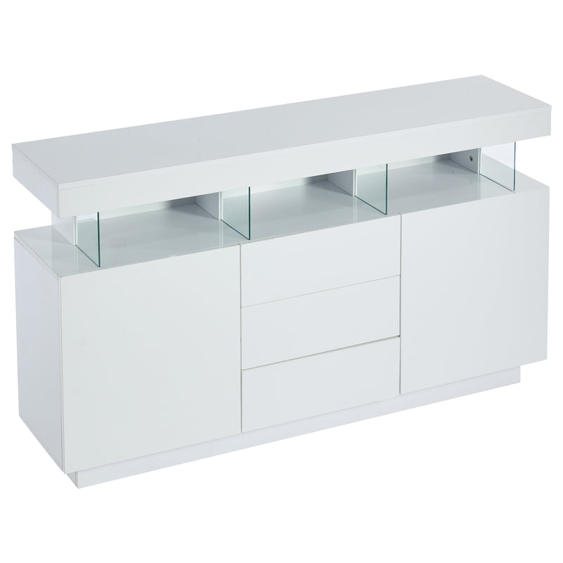 Buffet blanc brillant avec éclairage LED 2 portes 3 tiroirs REZER