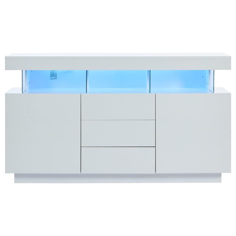 Buffet blanc brillant avec éclairage LED 2 portes 3 tiroirs REZER