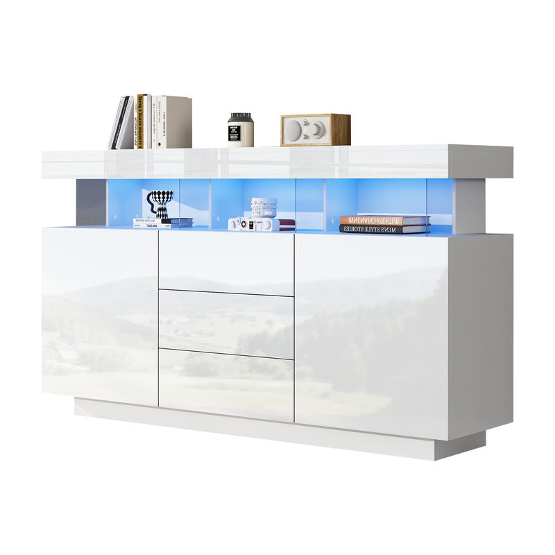 Buffet blanc brillant avec éclairage LED 2 portes 3 tiroirs REZER