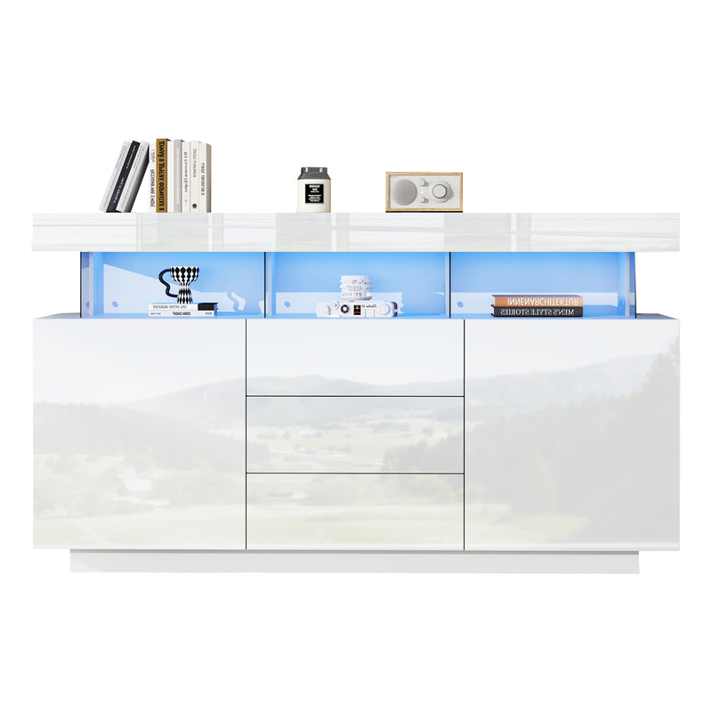 Buffet blanc brillant avec éclairage LED 2 portes 3 tiroirs REZER