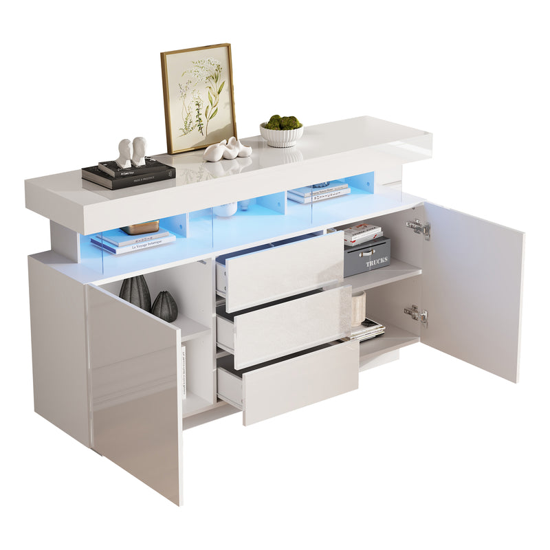Buffet blanc brillant avec éclairage LED 2 portes 3 tiroirs REZER