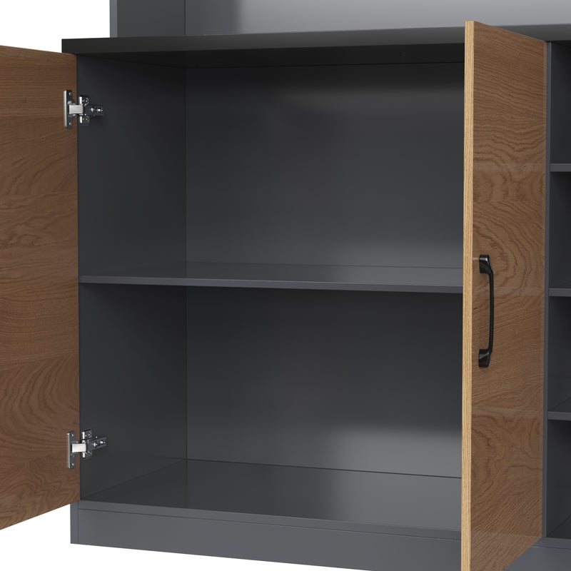 Vitrine haute noir et effet bois, éclairage LED et portes vitrées RIHLAIH