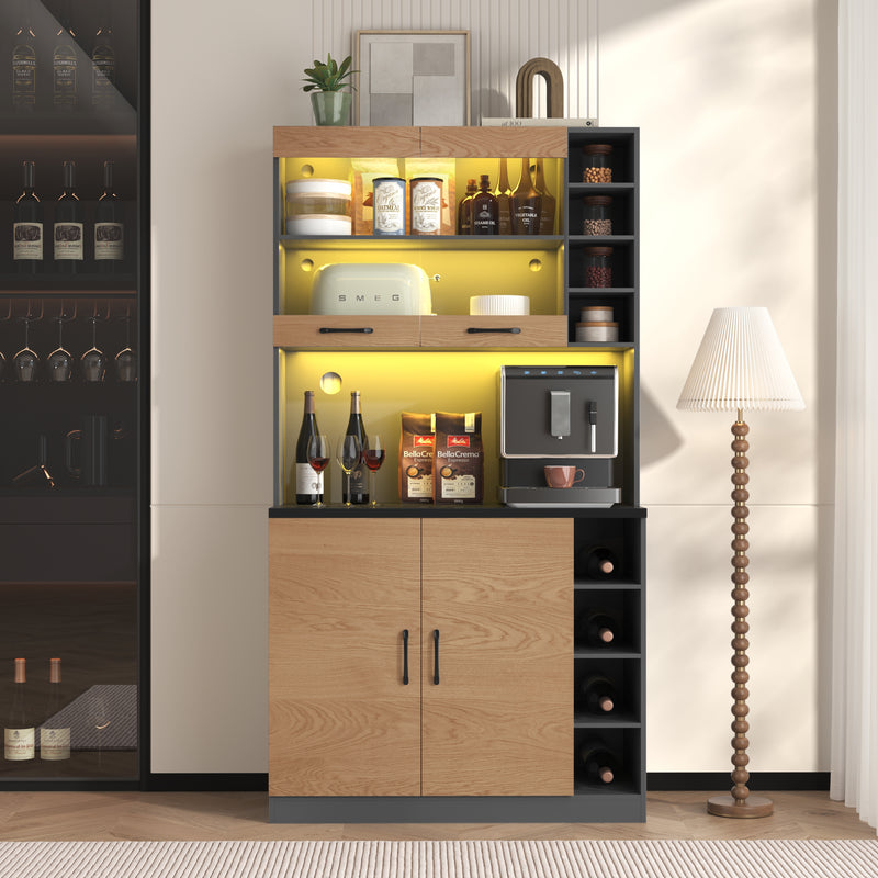 Vitrine haute noir et effet bois, éclairage LED et portes vitrées RIHLAIH