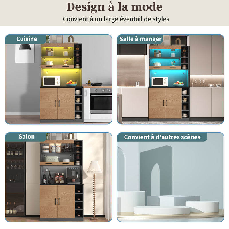 Vitrine haute noir et effet bois, éclairage LED et portes vitrées RIHLAIH