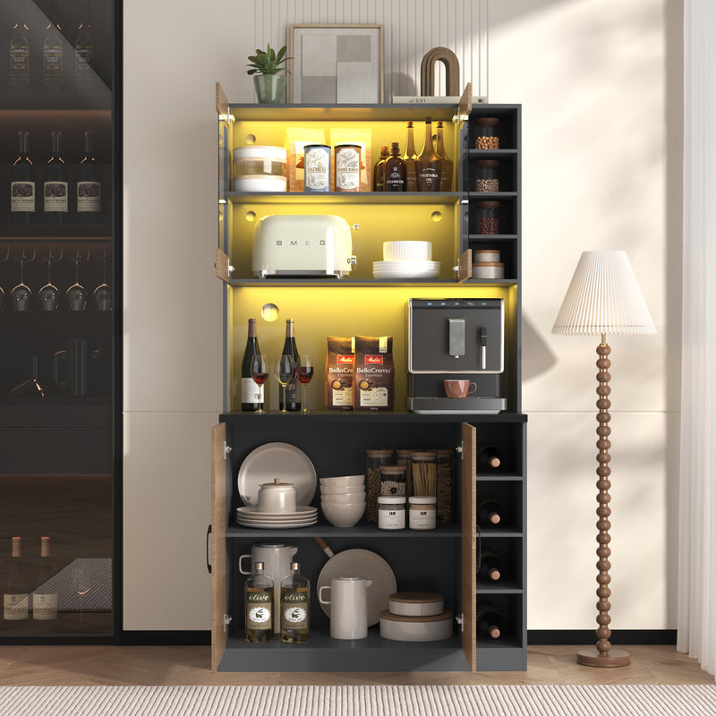 Vitrine haute noir et effet bois, éclairage LED et portes vitrées RIHLAIH