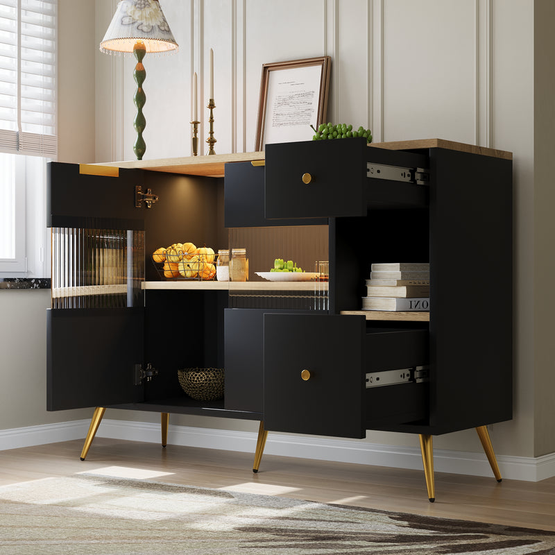 Buffet armoires de rangement effet bois et noir avec 2 portes battantes en verre éclairage LED poignets et pieds dorés RIPHRENS BLACK