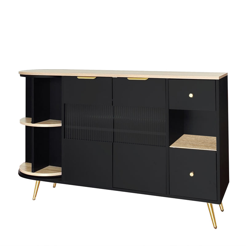 Buffet armoires de rangement effet bois et noir avec 2 portes battantes en verre éclairage LED poignets et pieds dorés RIPHRENS BLACK