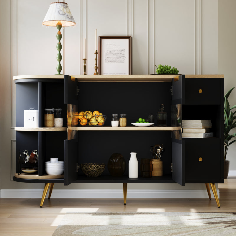 Buffet armoires de rangement effet bois et noir avec 2 portes battantes en verre éclairage LED poignets et pieds dorés RIPHRENS BLACK