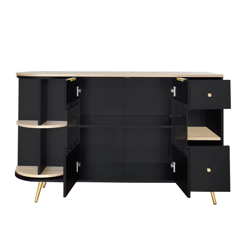 Buffet armoires de rangement effet bois et noir avec 2 portes battantes en verre éclairage LED poignets et pieds dorés RIPHRENS BLACK