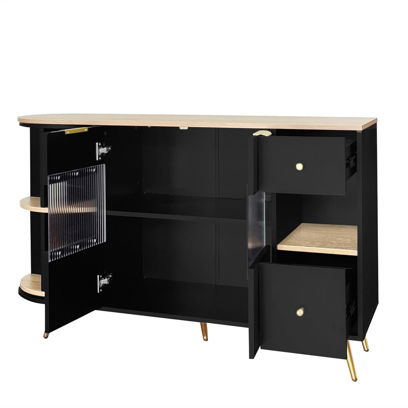 Buffet armoires de rangement effet bois et noir avec 2 portes battantes en verre éclairage LED poignets et pieds dorés RIPHRENS BLACK