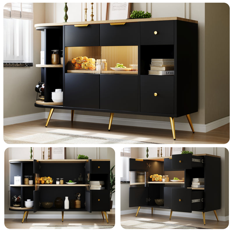 Buffet armoires de rangement effet bois et noir avec 2 portes battantes en verre éclairage LED poignets et pieds dorés RIPHRENS BLACK