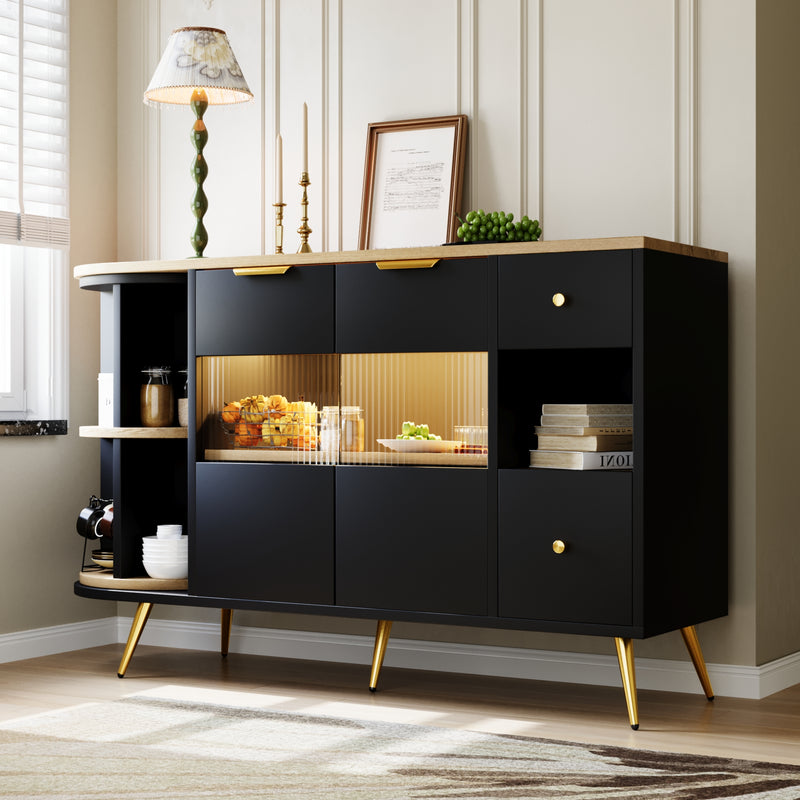 Buffet armoires de rangement effet bois et noir avec 2 portes battantes en verre éclairage LED poignets et pieds dorés RIPHRENS BLACK