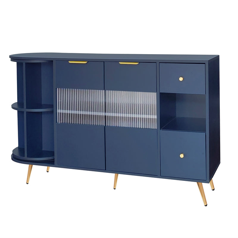 Buffet armoires de rangement bleu marin avec 2 portes battantes en verre éclairage LED poignets et pieds dorés LED RIPHRENS BLUE