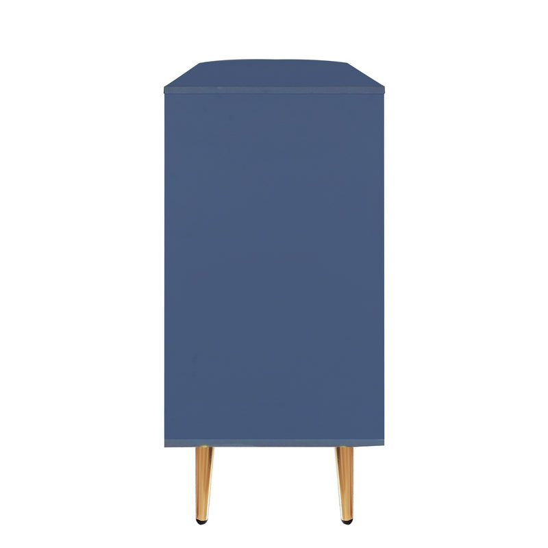 Buffet armoires de rangement bleu marin avec 2 portes battantes en verre éclairage LED poignets et pieds dorés LED RIPHRENS BLUE