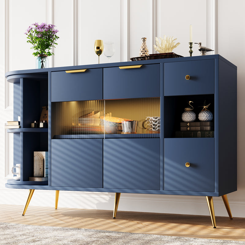 Buffet armoires de rangement bleu marin avec 2 portes battantes en verre éclairage LED poignets et pieds dorés LED RIPHRENS BLUE