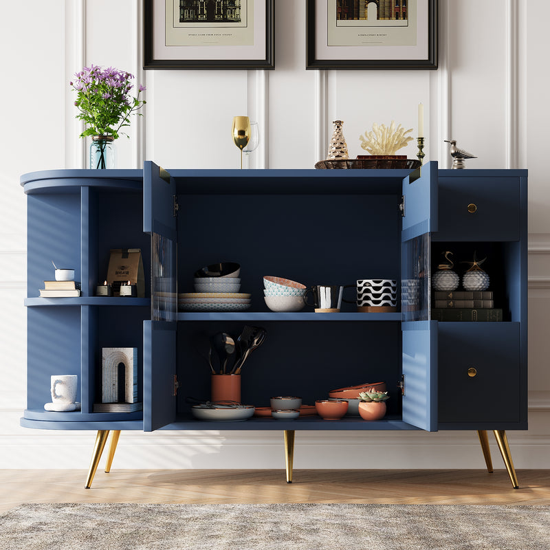 Buffet armoires de rangement bleu marin avec 2 portes battantes en verre éclairage LED poignets et pieds dorés LED RIPHRENS BLUE