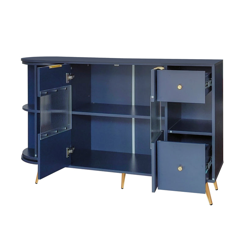 Buffet armoires de rangement bleu marin avec 2 portes battantes en verre éclairage LED poignets et pieds dorés LED RIPHRENS BLUE