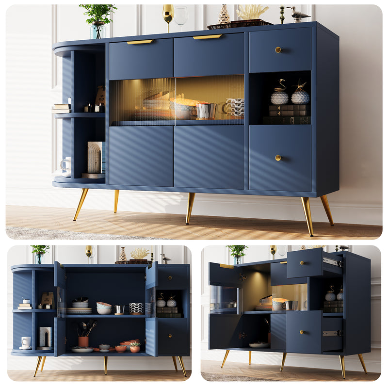 Buffet armoires de rangement bleu marin avec 2 portes battantes en verre éclairage LED poignets et pieds dorés LED RIPHRENS BLUE